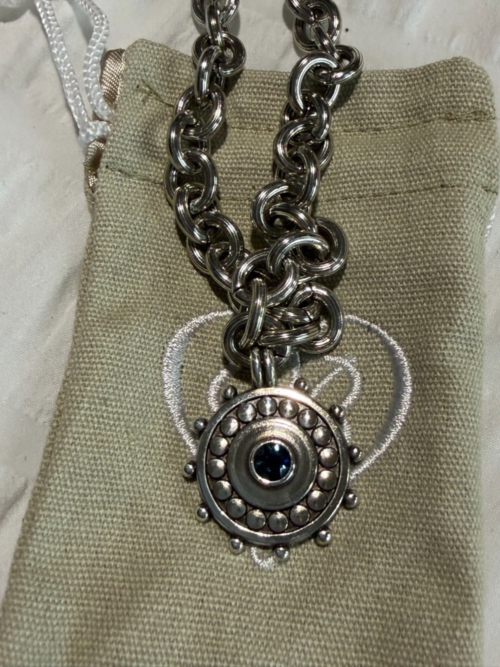 Brighton Silver-Tone Medallion Necklace with Dark Blue Cabochon